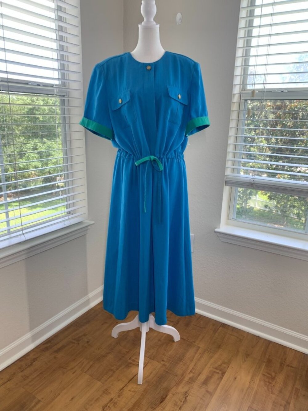 Vintage Leslie Fay Dress Womens Size 18 Blue Turquoise Trim Mom Midi Dress